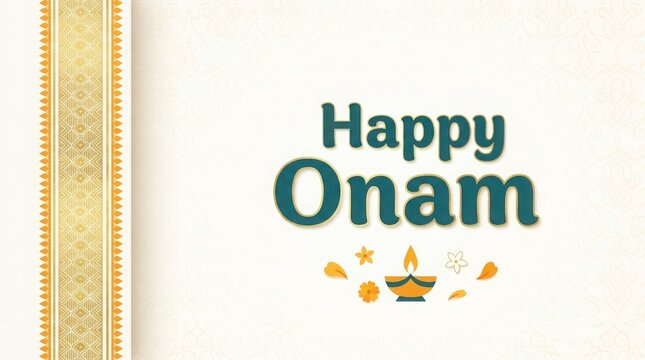 Onam festival greeting card featuring traditional kasavu border background with festive oil lamp and floral decorations.