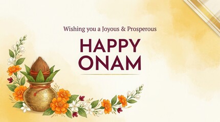 Fototapeta premium Happy Onam joyous prosperous harvest festival greeting with kalasam decorated with flowers and leaves.