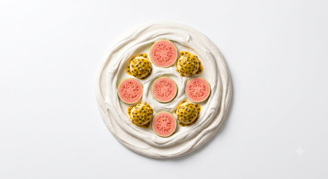Distant shot of 5 to 10 pink guava slices and passion fruit scoops resting on thick white cashew cream