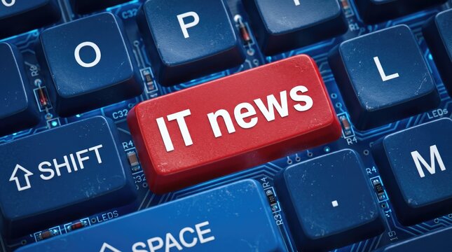 Highlighted it news key on modern computer keyboard with led backlighting with close up view red highlighted key labeled news sleek keyboard illuminated alphanumeric