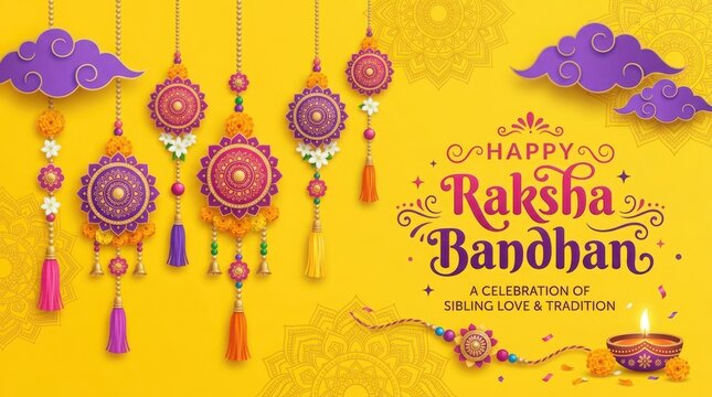 Happy raksha bandhan with hanging decorative elements, a rakhi, and a lit diya on a bright yellow background.