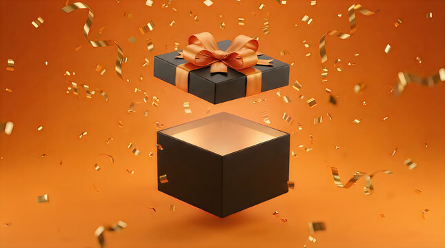 An open dark blue gift box floating in the air with golden confetti falling around it representing a festive black friday shopping sale promotion event