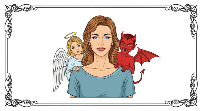 angel and devil on woman shoulders