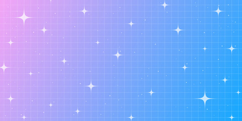 Obraz premium Pink gradient background in Y2K style with glowing stars and grid. Retro aesthetic pattern with cute sparkles. Geometric and holographic vector backdrop.