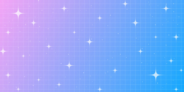 Pink gradient background in Y2K style with glowing stars and grid. Retro aesthetic pattern with cute sparkles. Geometric and holographic vector backdrop.