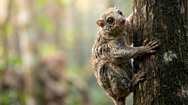flying lemur close up in borneo rainforest morning light video