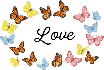 Naklejka premium Romantic Love Concept Graphic with Hand Drawn Monarch and Pastel Butterfly Wreath Frame for Valentine Card and Wedding Typography Layouts