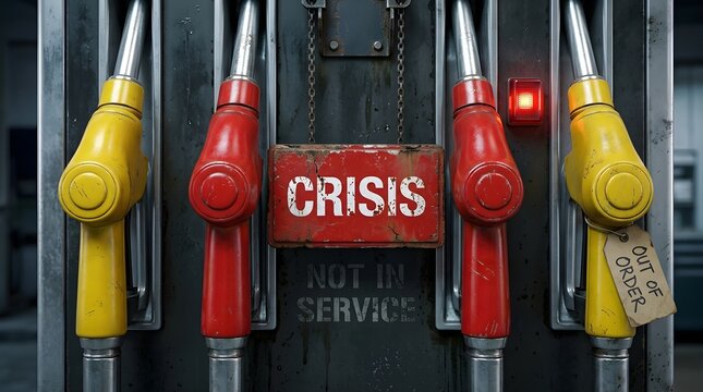 Fuel Supply Shortage Crisis Conceptual Representation at a Gas Station with Out of Service Pumps and Warning Signs