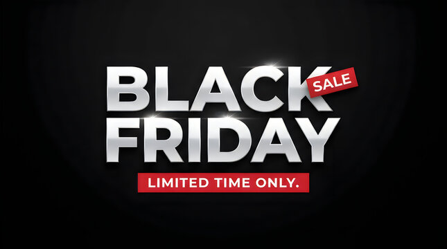 A bold and modern black friday sale promotional graphic featuring metallic silver text against a dark background with a limited time only red banner label