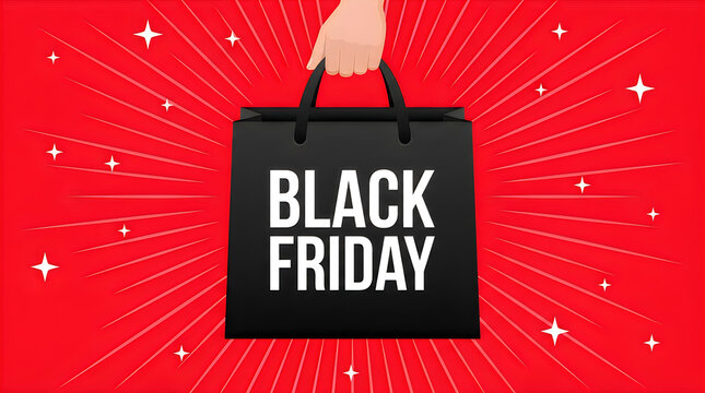 A hand holding a black shopping bag with the text black friday isolated on a vibrant red background with decorative sparkles for retail sale events
