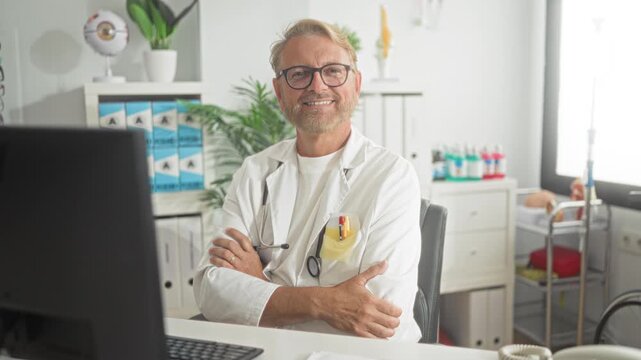 Man doctor with stethoscope at computer smiling with arms crossed in clinic office building, wearing white coat, glasses and pens in pocket; trust care.