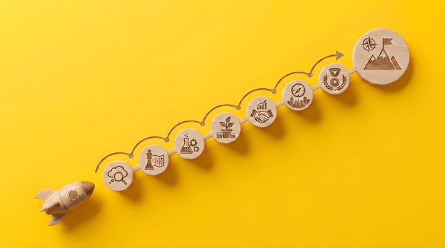 Conceptual Business Growth Roadmap Represented by a Wooden Rocket Launching Towards Success Milestones on a Bright Yellow Background