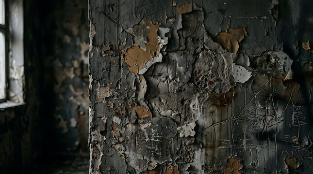 Dark grungy wall with peeling paint.