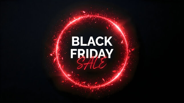 A vibrant glowing red neon circular frame surrounding the bold black friday text on a dark background perfect for retail marketing and seasonal sales promotions