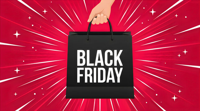 A hand holding a black shopping bag with the text black friday isolated on a vibrant red background with white light rays for seasonal sales