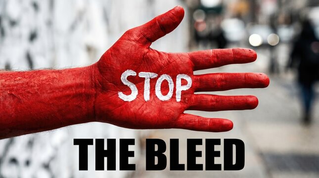 Red painted hand stopping blood flow symbolic protest message with close up hand painted entirely red word STOP written palm extended outward against blurred urban background