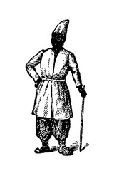 Obraz premium Zanzibari man in traditional attire with tall hat, long coat, and pantaloons, holding a staff, old vintage illustration, 1897.