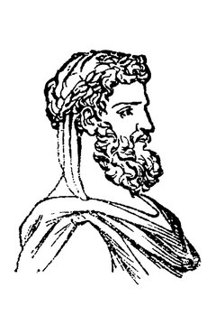 Xenophon (c. 430&ndash;355 BCE), ancient Greek soldier, philosopher, and historian, in a robe with a beard and laurel wreath, old vintage illustration, 1897.