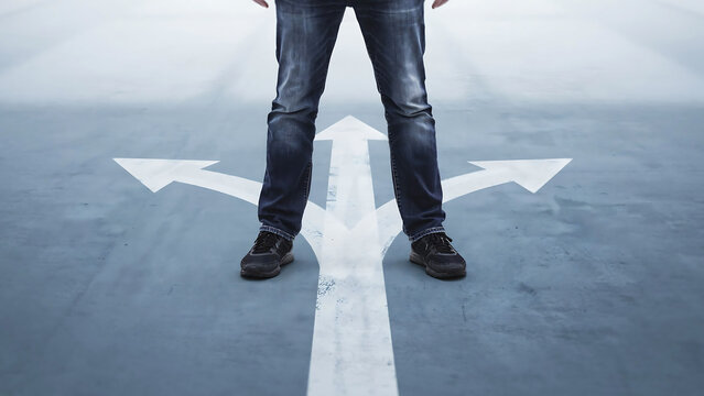 Person standing at intersection of three paths concept with decision direction standing uncertainty business lifestyle opportunity strategy navigation challenge