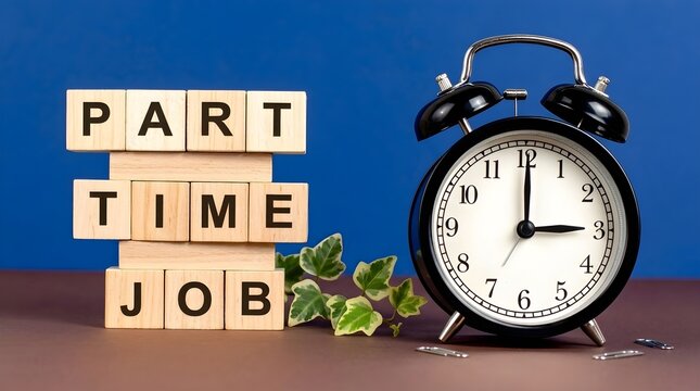 Wooden blocks spelling part-time job next to a black alarm clock representing work hours