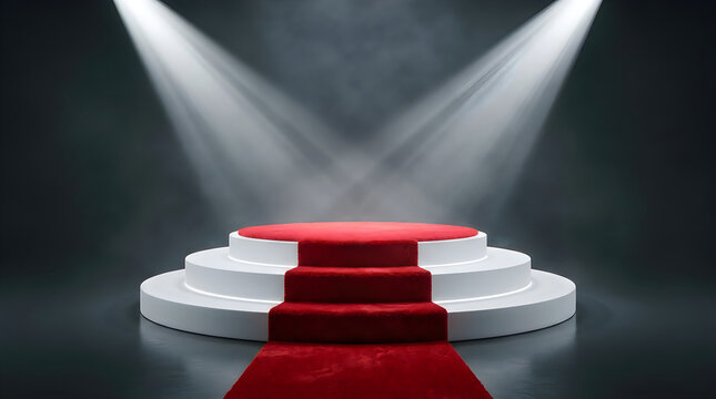 Empty white circular stage with a red carpet runner illuminated by bright spotlights for a black friday product showcase or a grand prize winner ceremony