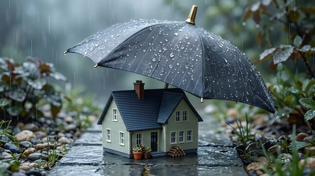 Small model house sheltered under a wet umbrella in heavy rain concept for home insurance and property protection