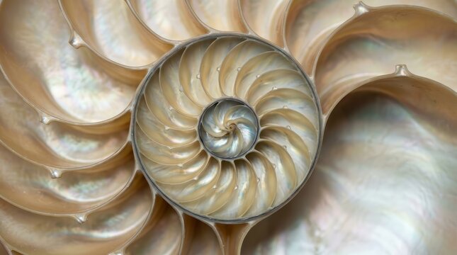 The mathematical golden ratio spiral inside a nautilus shell cross-section with pearlescent texture.