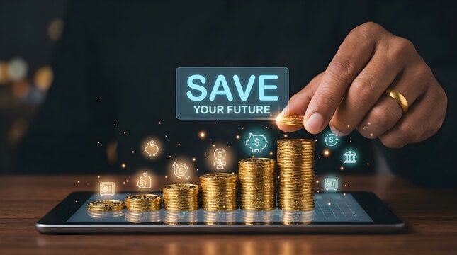 Man Stacking Gold Coins on Digital Tablet with Save Your Future Text for Financial Planning and Investment