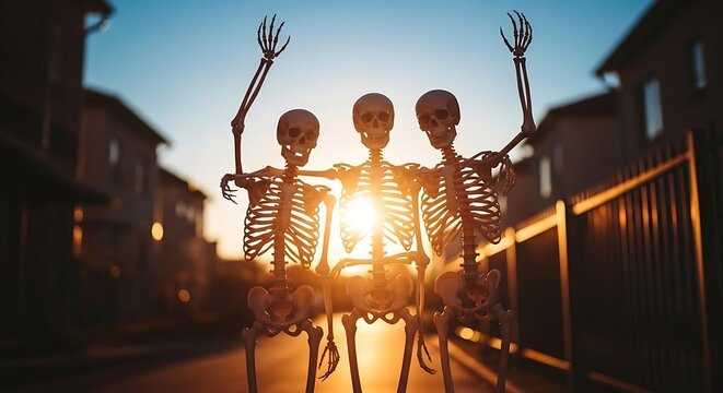 Three skeleton statues standing in a street at sunset