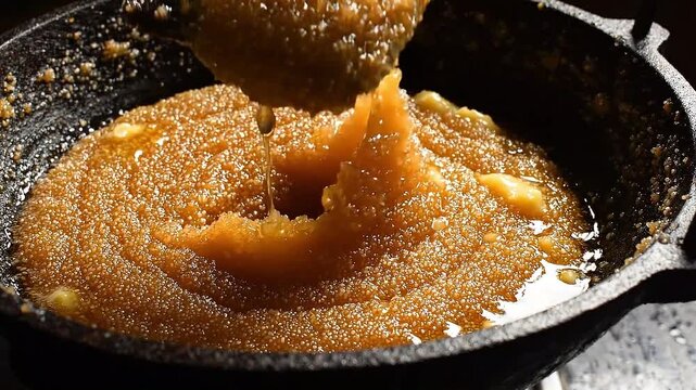 Golden semolina halwa folding in dark iron karahi spatula macro cinematic video