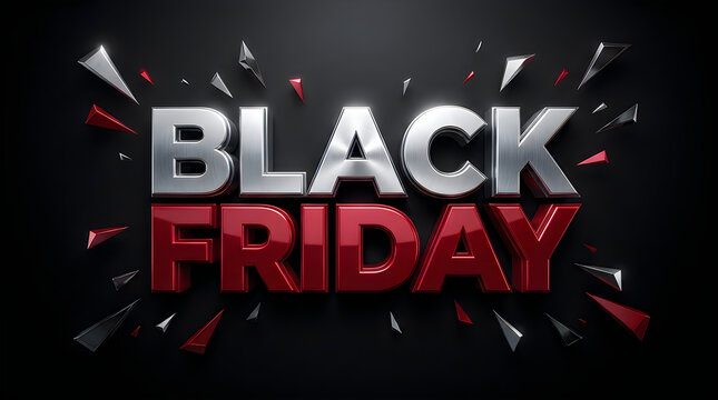 Metallic silver and red black friday text design featuring a dramatic shattered glass effect on a dark black background for seasonal retail marketing promotional campaigns
