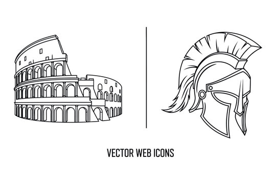 Ancient rome illustration colosseum and spartan helmet sketch with vector web icons