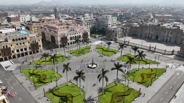 Plaza Mayor In Lima Capital City Of Peru. Municipal Palace Scenery. Downtown Cityscape. Cultural Heritage Skyline. Plaza Mayor In Lima Capital City Of Peru. Plaza De Armas Square.