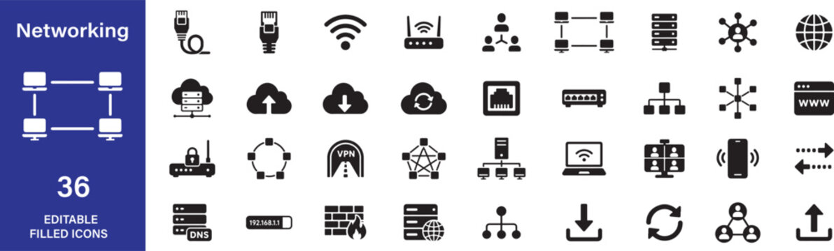 Networking Filled Icon Set &ndash; Networking, Filled Icon, Network, Internet, Server, Vector, Glyph, Connectivity, Cloud, Infrastructure