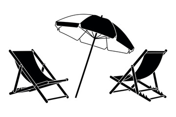 Beach relaxation silhouette two deck chairs and a parasol against a white background © nazrul.islam