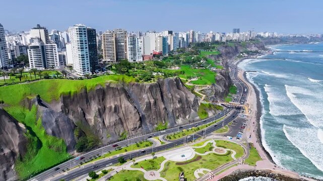 Lima Skyline In Miraflores In Lima Peru. Beach Landscape. Downtown District. Travel Destination. Lima Skyline In Miraflores In Lima Peru. Nature Park. Miraflores Neighborhood.