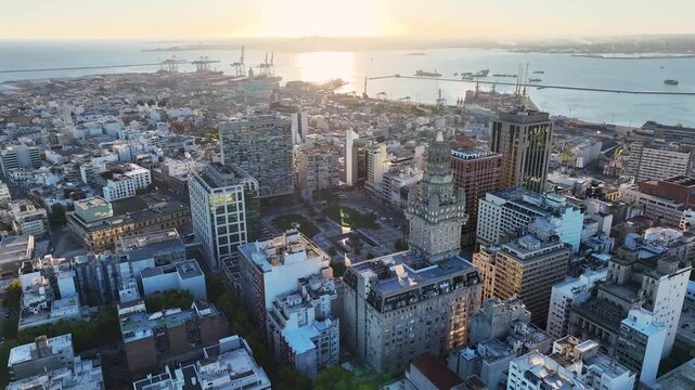 Sunset Montevideo Skyline At Montevideo In Maldonado Uruguay. Historical Centre Landscape. Downtown City. Sunset Skyline. Montevideo Skyline At Montevideo In Maldonado Uruguay. Beautiful Cityscape.