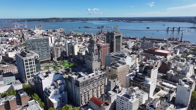 Montevideo Skyline At Montevideo In Maldonado Uruguay. Salvo Palace Landscape. Downtown District. Cultural Heritage. Montevideo Skyline At Montevideo In Maldonado Uruguay. Tourism Landmark.
