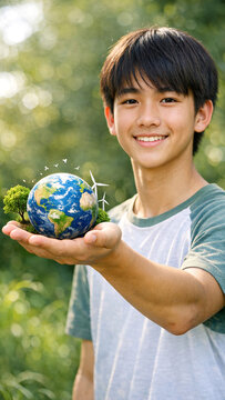 Ecologically conscious teenager holding globe, symbolizing environmental responsibility.