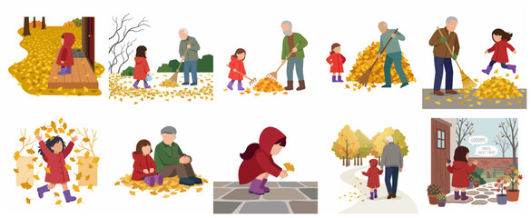 Fototapeta premium Family Autumn Activities Set with Grandfather and Granddaughter Raking, Jumping, and Playing with Yellow Ginkgo Leaves, Flat Vector Illustration
