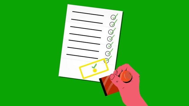Cartoon Hand Stamping Verified Approved Seal on Checklist Green Screen