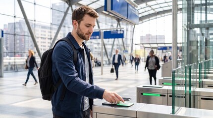 Fototapeta premium Young man using contactless payment at ticket barrier in modern train station with commuters walking in the background