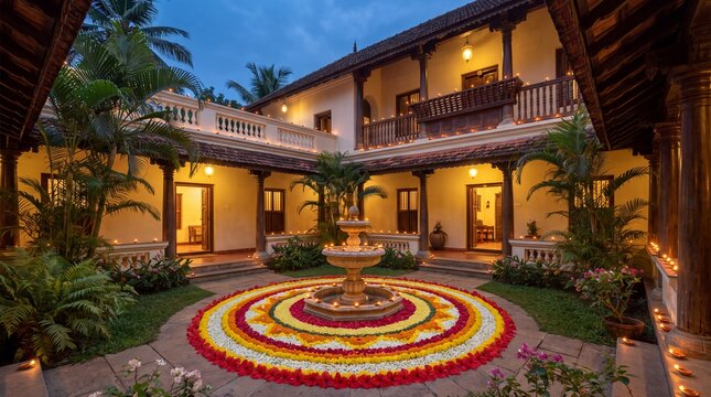 Traditional Indian courtyard with decorative flower rangoli and illuminated lamps, showcasing a serene architectural design and lush greenery