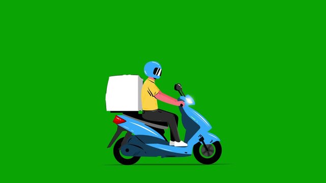 Cartoon Food Delivery Man Riding Blue Scooter on Green Screen Animation
