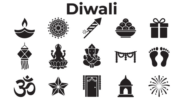 Diwali festival icon set with 15 black vector elements, Hindu holiday symbols including Ganesha and Lakshmi, traditional Indian celebration graphics