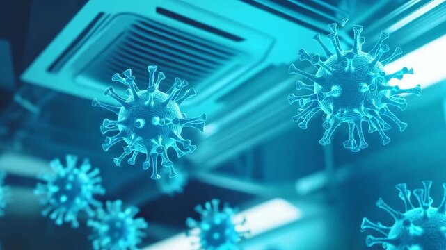 Models of viruses appear in blue lighting with air conditioning system visible in the background showing scientific details