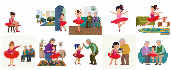 Naklejka premium Collection of illustrations of a little ballerina girl practicing ballet and performing for her loving grandparents at home.