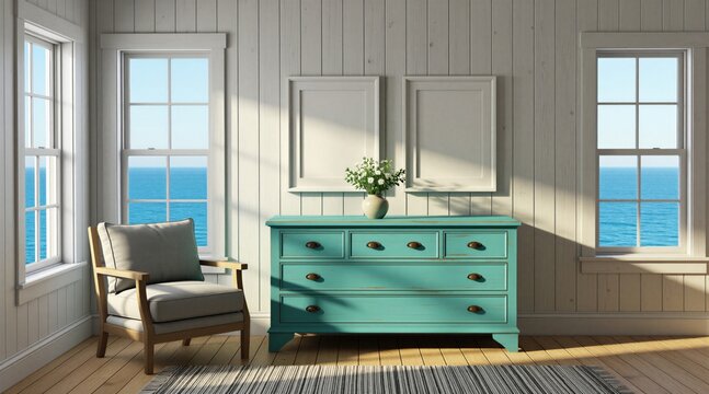 Interior room with turquoise dresser, armchair, and windows showing blue ocean. White paneled walls and wooden floor create a coastal style home decor. Light streams in.