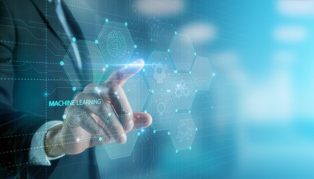 Businessman pointing at machine learning interactive virtual screen interface inside modern office building.