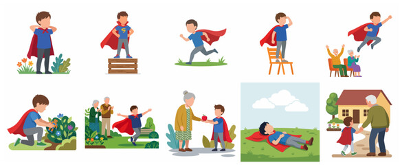 Little Boy in Superhero Cape Playing and Spending Time with Grandparents Illustration Set